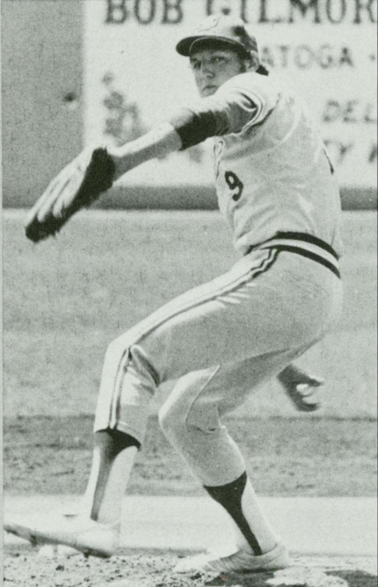 A baseball player pitching on a field in 1978.