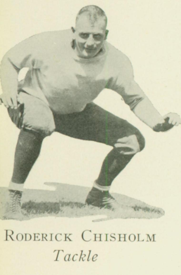 A sepia-toned image of Roderick Chisholm in a football stance.