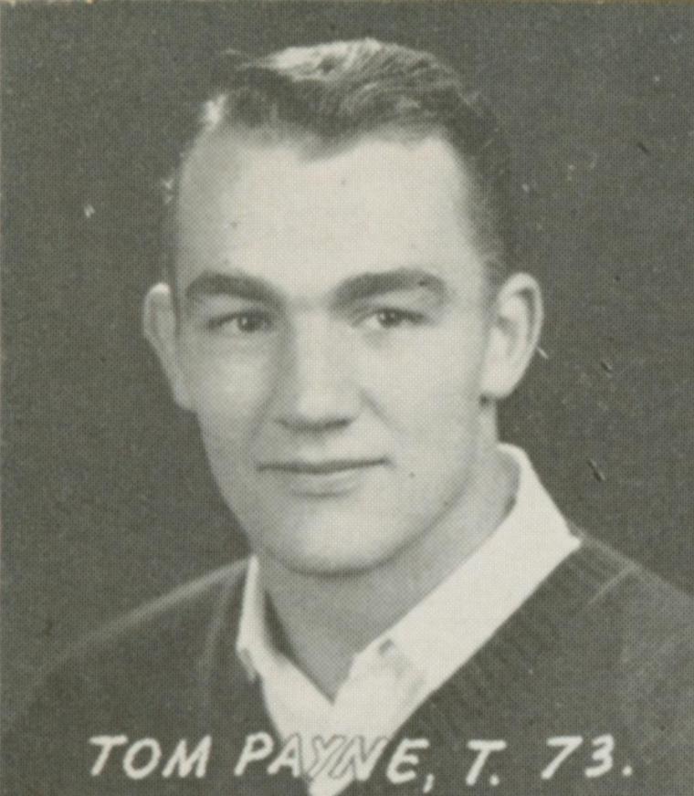 Black-and-white portrait of a man with handwritten text Tom Payne, E. 50.