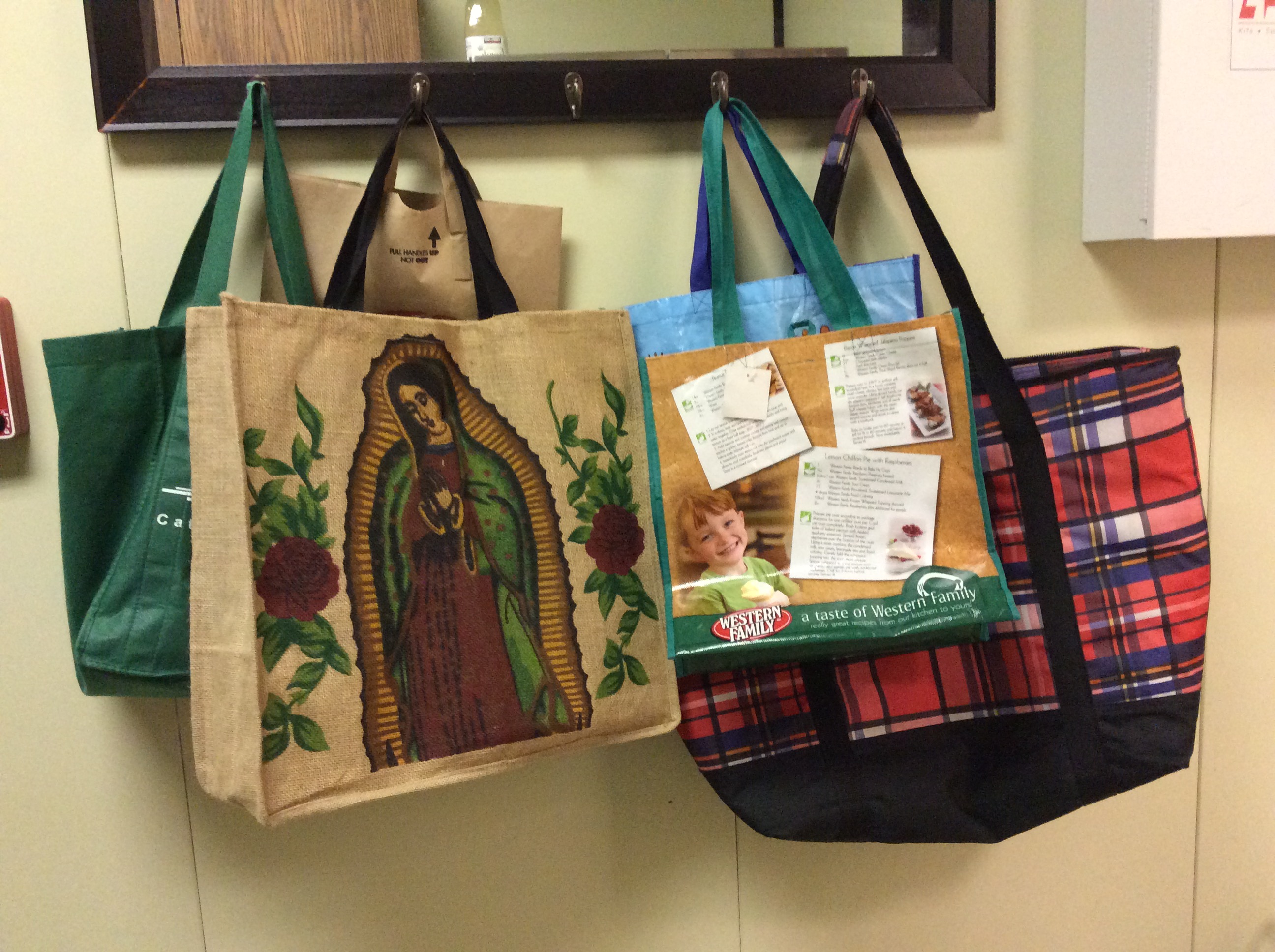 Several reusable shopping bags hang beneath a mirror. image link to story