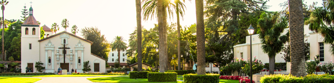 Mission Church in evening with shadows on the walkway 