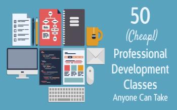 Collage of book covers with 50 Cheap Professional Development Courses text on blue background.