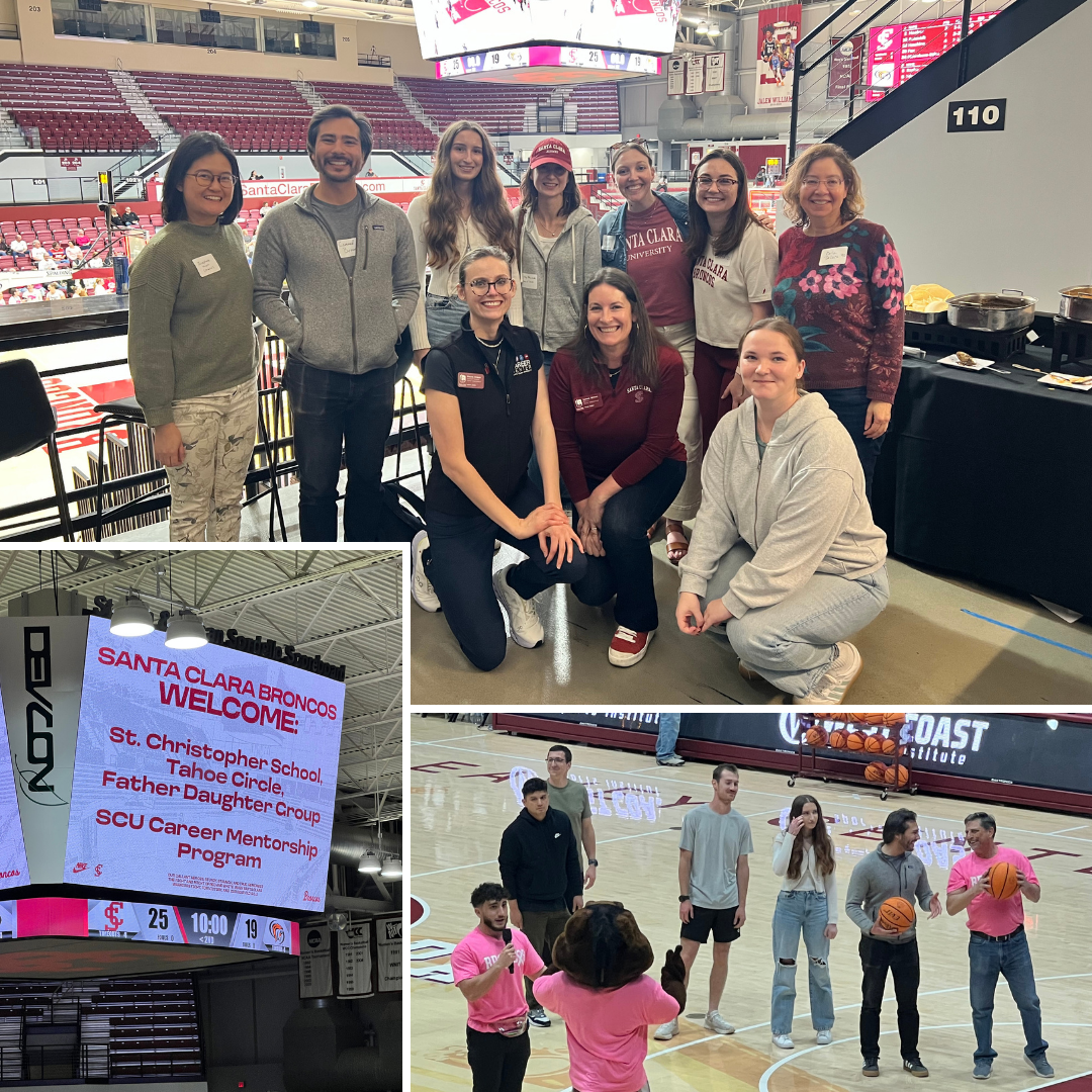 Collage of three pictures: people posing, jumbotron, and people on court