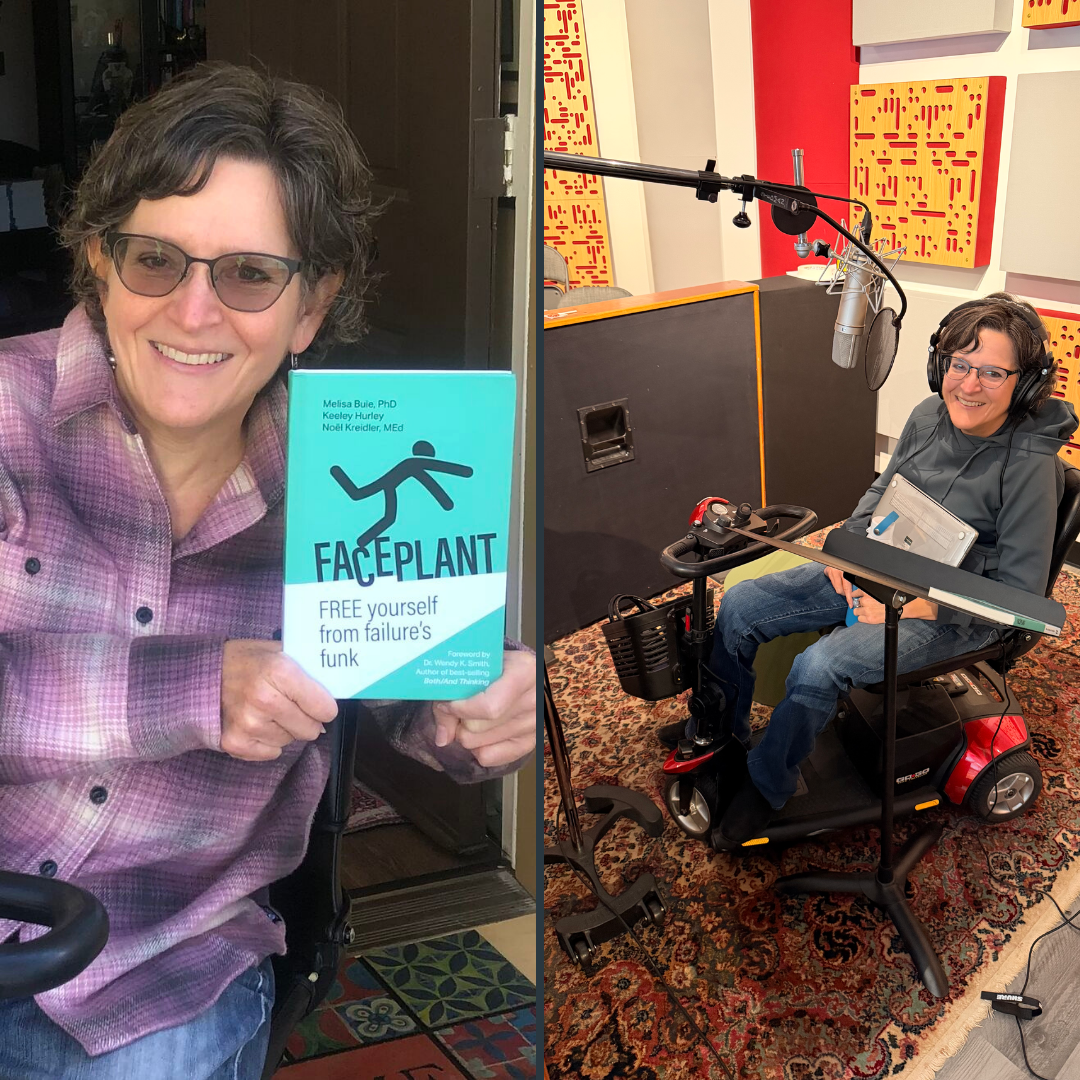 Noel Kreidler with book, Faceplant; Noel Kreidler in recording studio