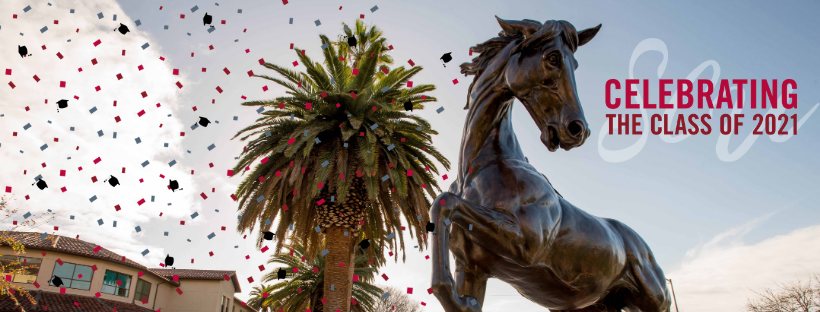 Statue of Campus Bronco with Confetti Overlay