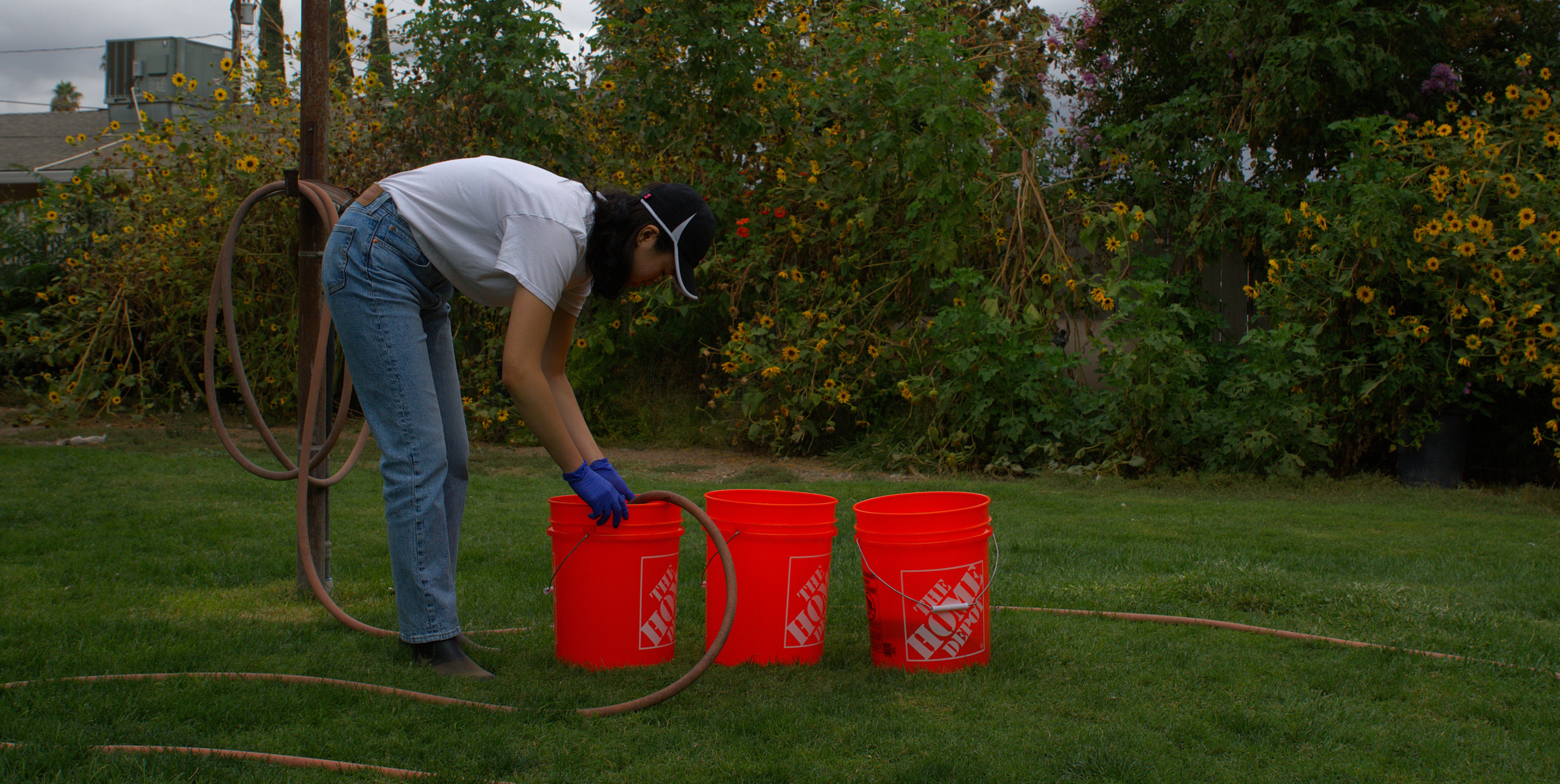 student collecting water samples using three orange buckets