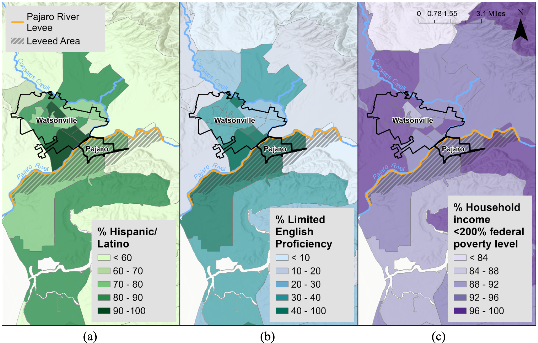 Socio-economic indices for the Pajaro community and surroundings based on census data (tracks)