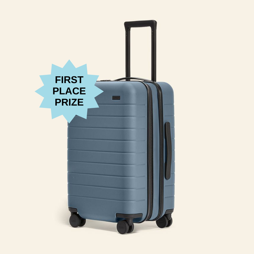 First place prize for Photo Contest winner; Away brand suitcase, carry-on size, blue/green color