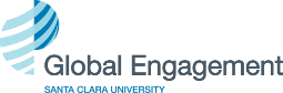Blue and grey logo for Global Engagement Santa Clara University that features an abstract globe design