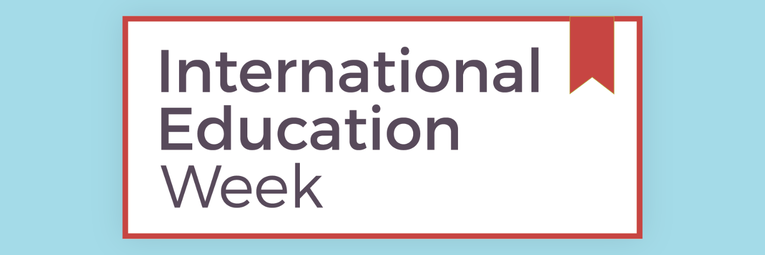 Decorative; International Education Week logo on blue background