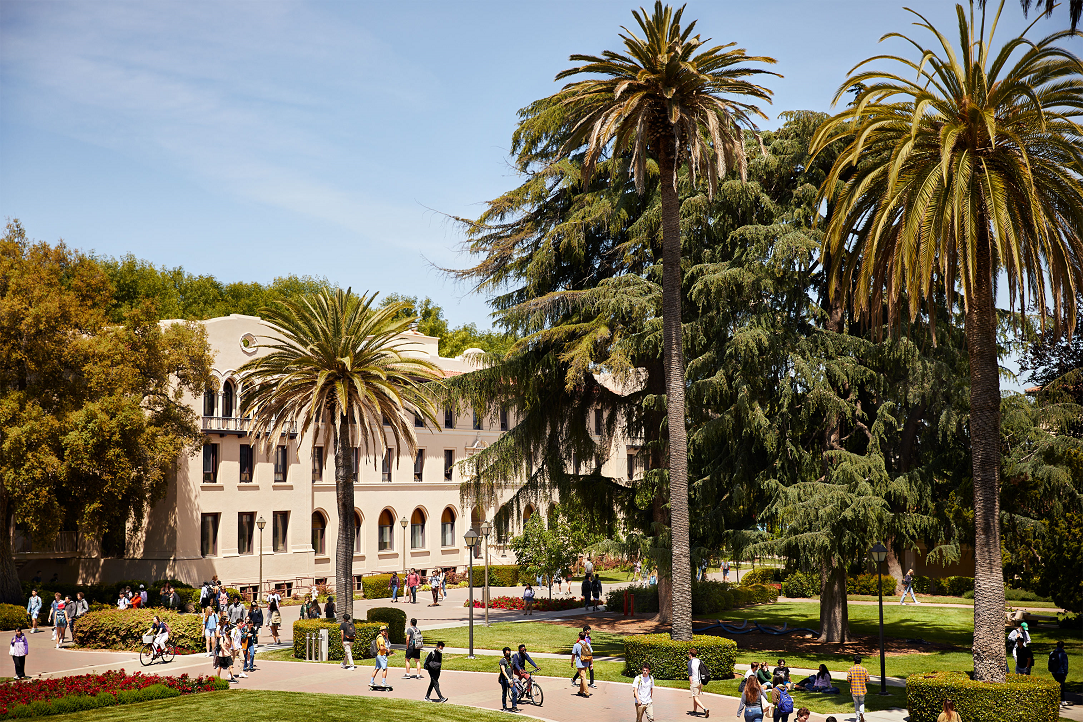 Decorative; aerial of SCU campus buildings and palm trees 