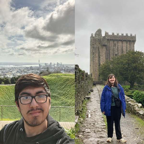 Decorative; students standing in front of geographical landmarks