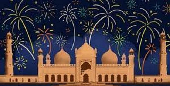 A mosque with fireworks in the night sky, celebrating Eid al-Fitr.