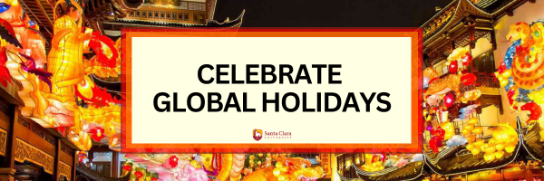 Decorative; Celebrate Global Holidays email header with a photo of paper lanterns decorating a neighborhood for Lunar New Year