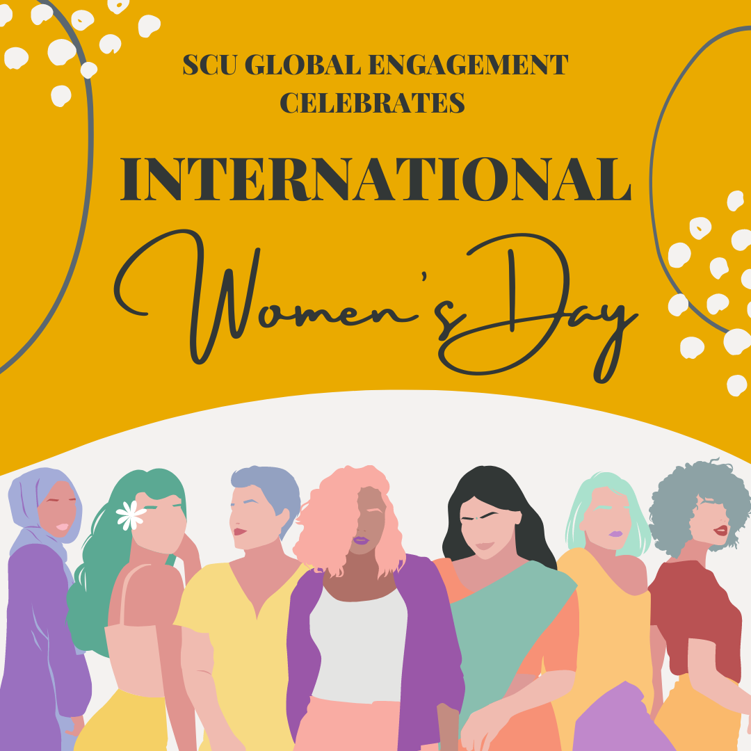 SCU Global Engagement Celebrates International Women's Day with women standing near each other in pastel colors