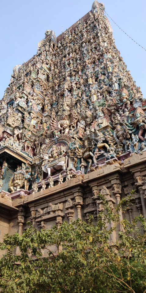 Upwards view of the Meenakshi Amman Temple in India