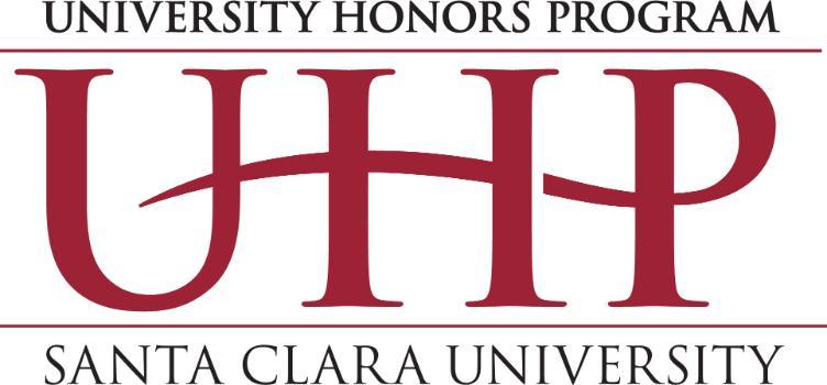 The Santa Clara University Honors Program Logo, featuring a large maroon design with the letters U, H, and P