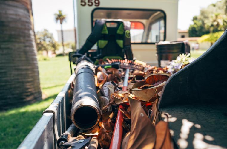 Leaves and rake on the trunk of a work truck 