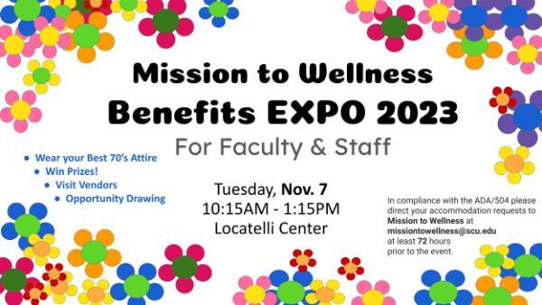 Colorful flowers around the border of sign reading Benefits Expo 2023