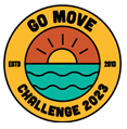 Logo with Go Move Challenge 2023 showing a drawing of a rising sun over water