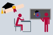 Two figures in a classroom; one writing, the other teaching. Graduation cap above.