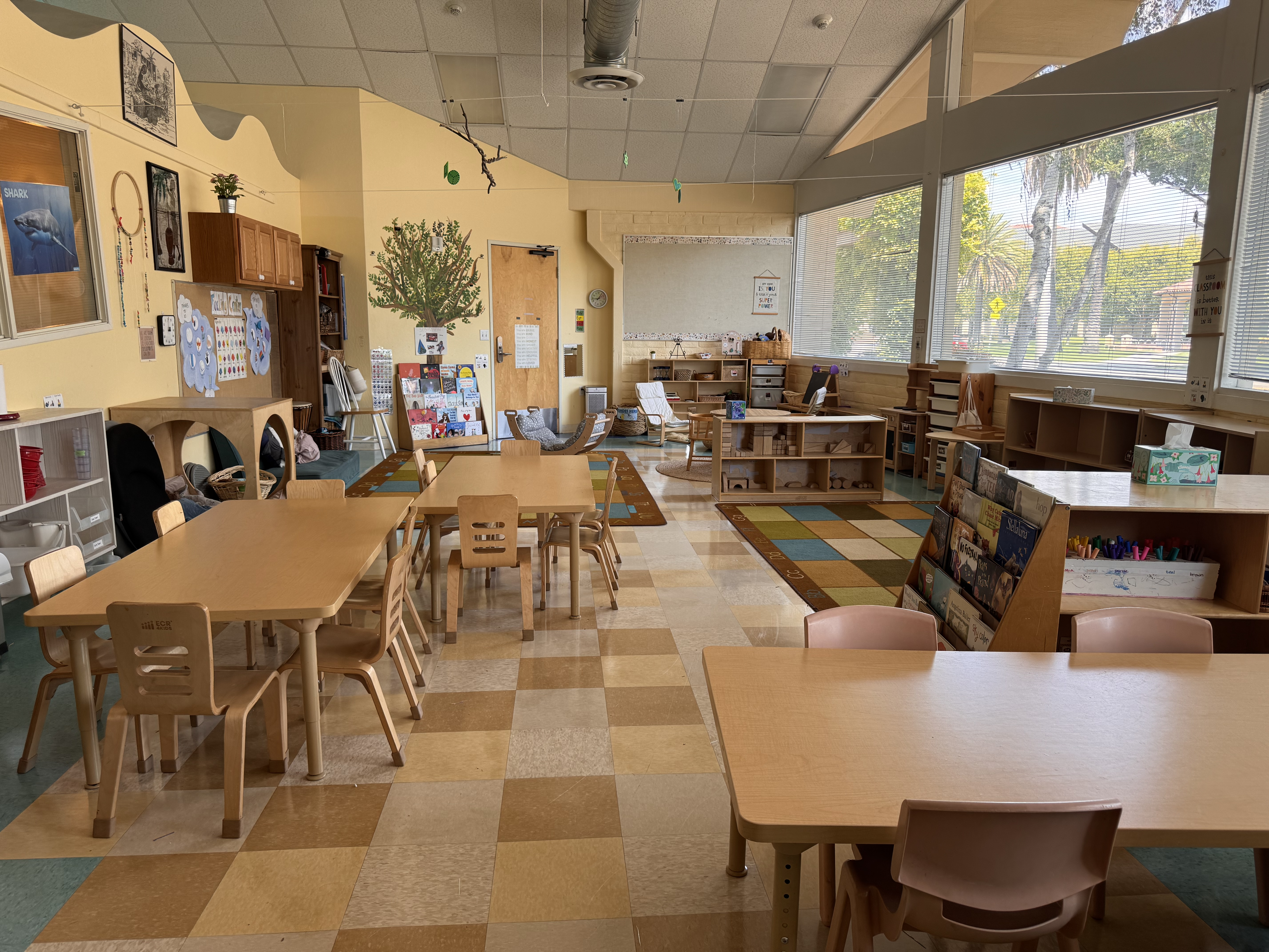 Shark classroom (tables with 6 chairs and a reading area, large windows)