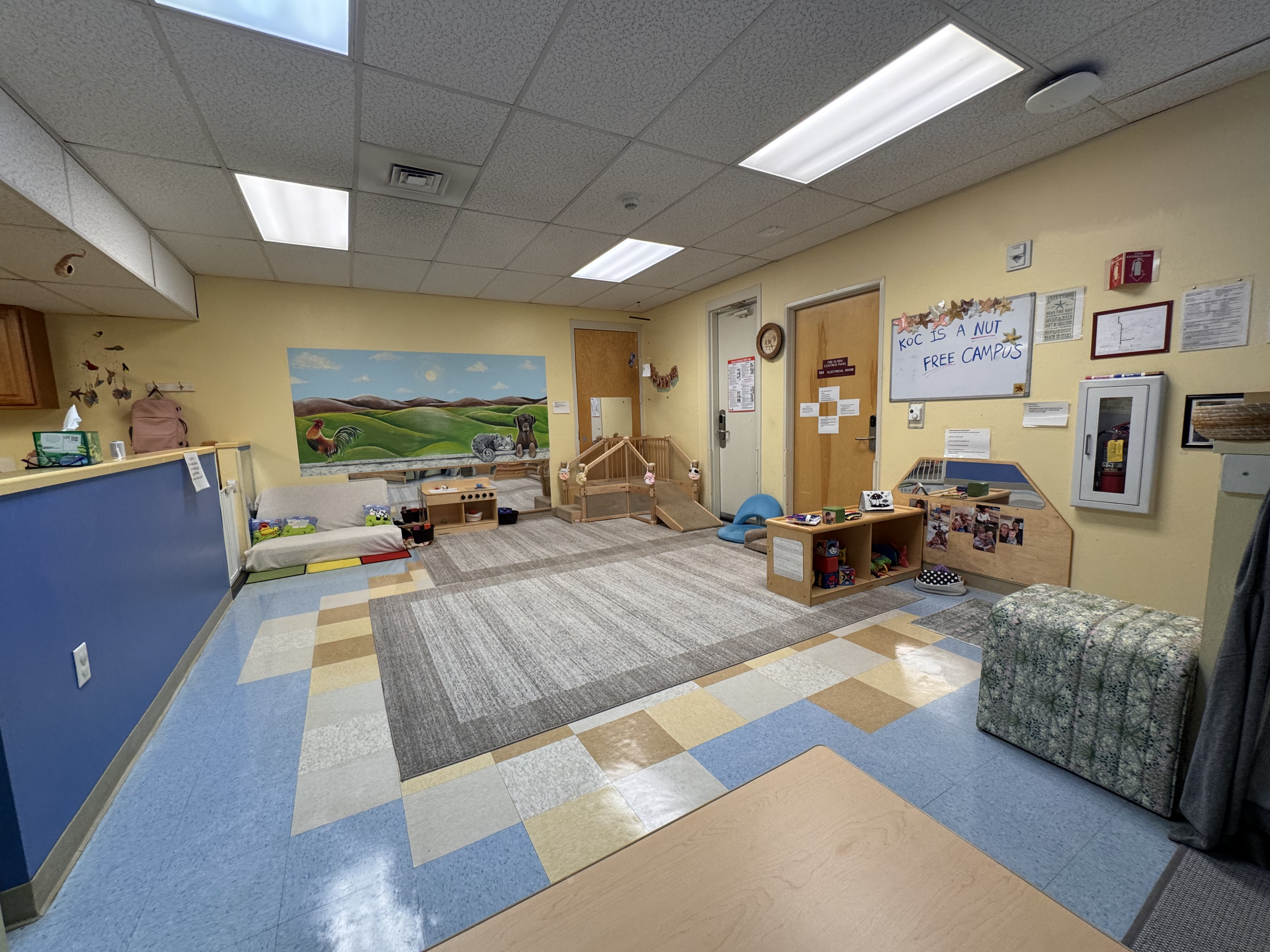 Starfish room wide angle view of the nursery play area which is an open area with big carpets
