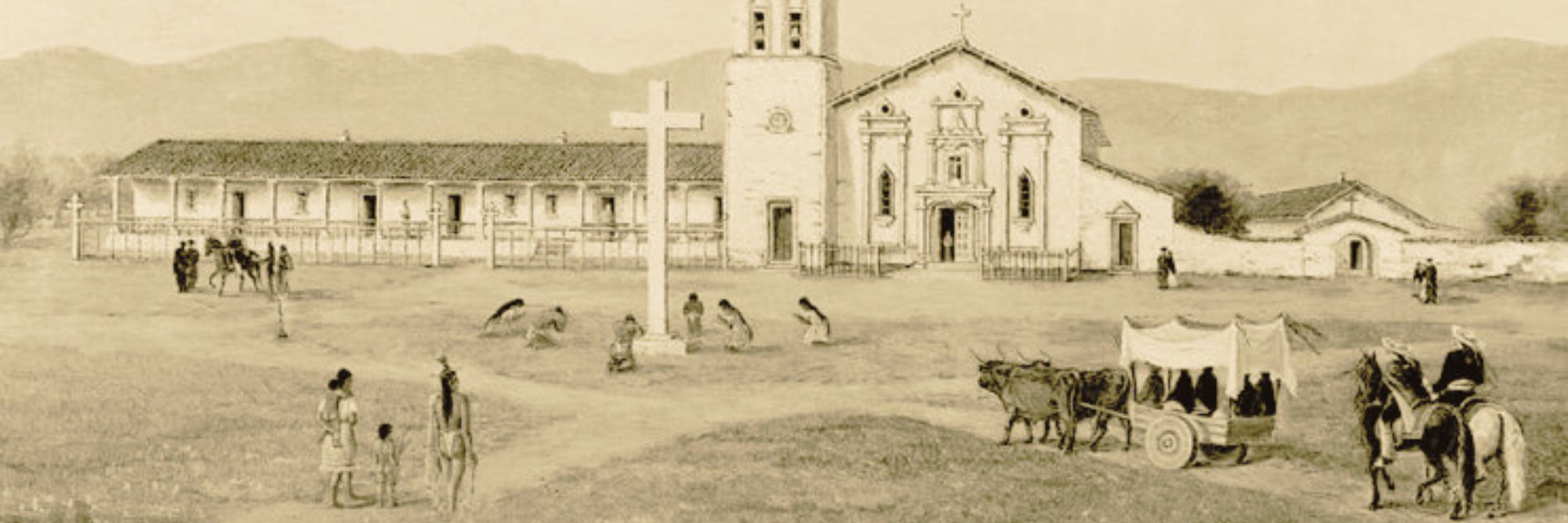 Mission with Ohlone people in foreground 