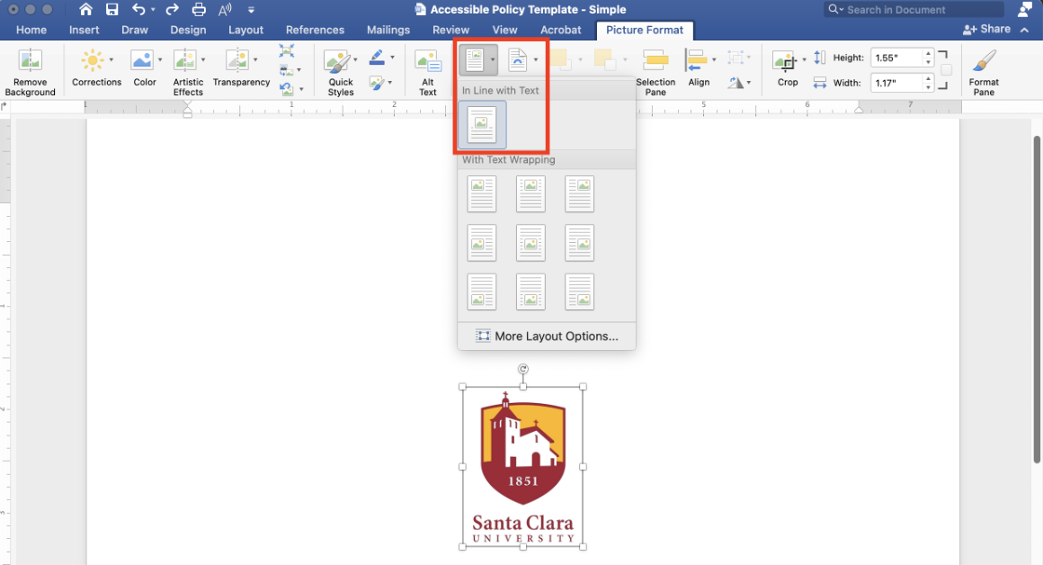 In Microsoft Word, an image is selected. In the Picture Format tab, under the Position control, the In Line with Text option is selected. Below that option, there are various other options for text wrapping.