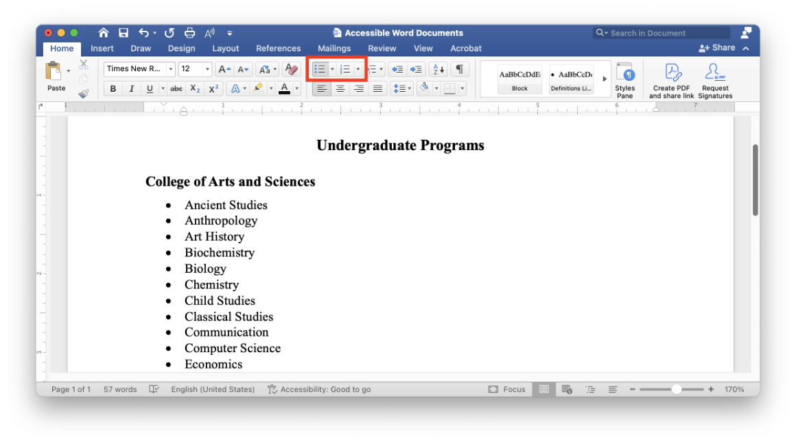 In Microsoft Word, the bullets and numbered list menu buttons in the Home tab are highlighted.