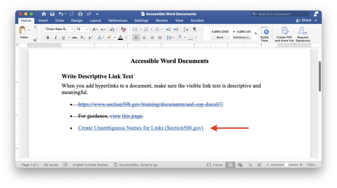 A Word document with a list of links. The first link is a full URL and the second is just: view this page. They are both crossed out. The third link is pointed out and reads: Create Unambiguous Names for Links (Section508.gov).
