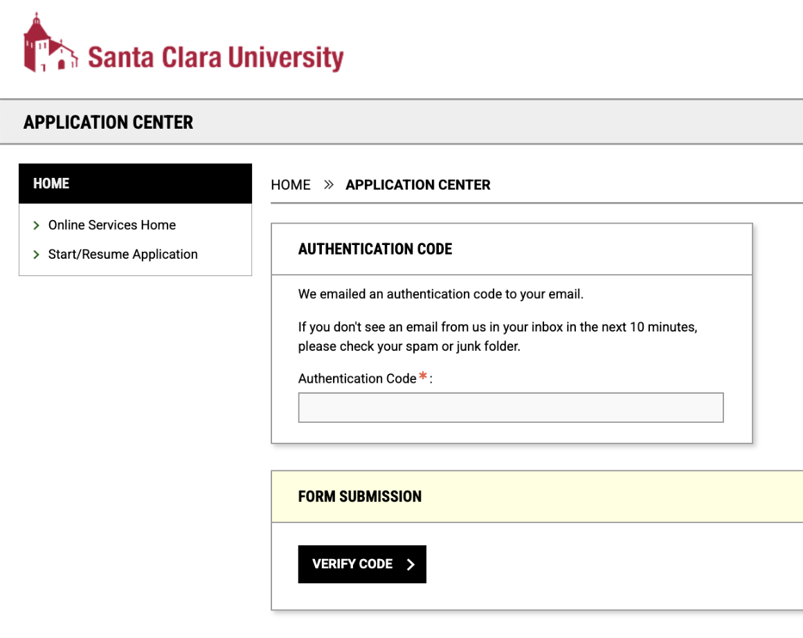 An Authentication Code form field and a Verify Code button.