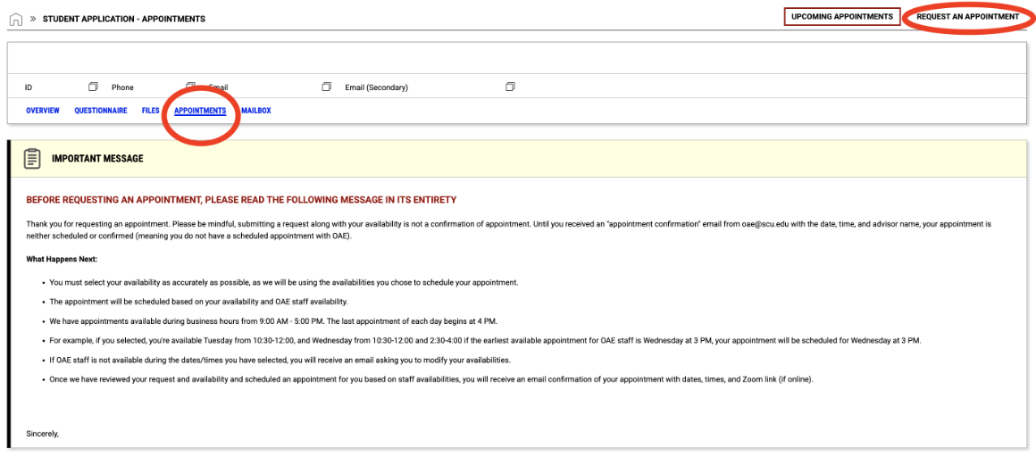 Request an Appointment and Appointments controls are highlighted above Important Message.