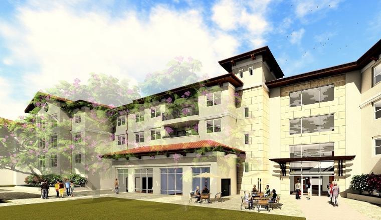 Finn Plaza entryway with a multi-story building and people walking.