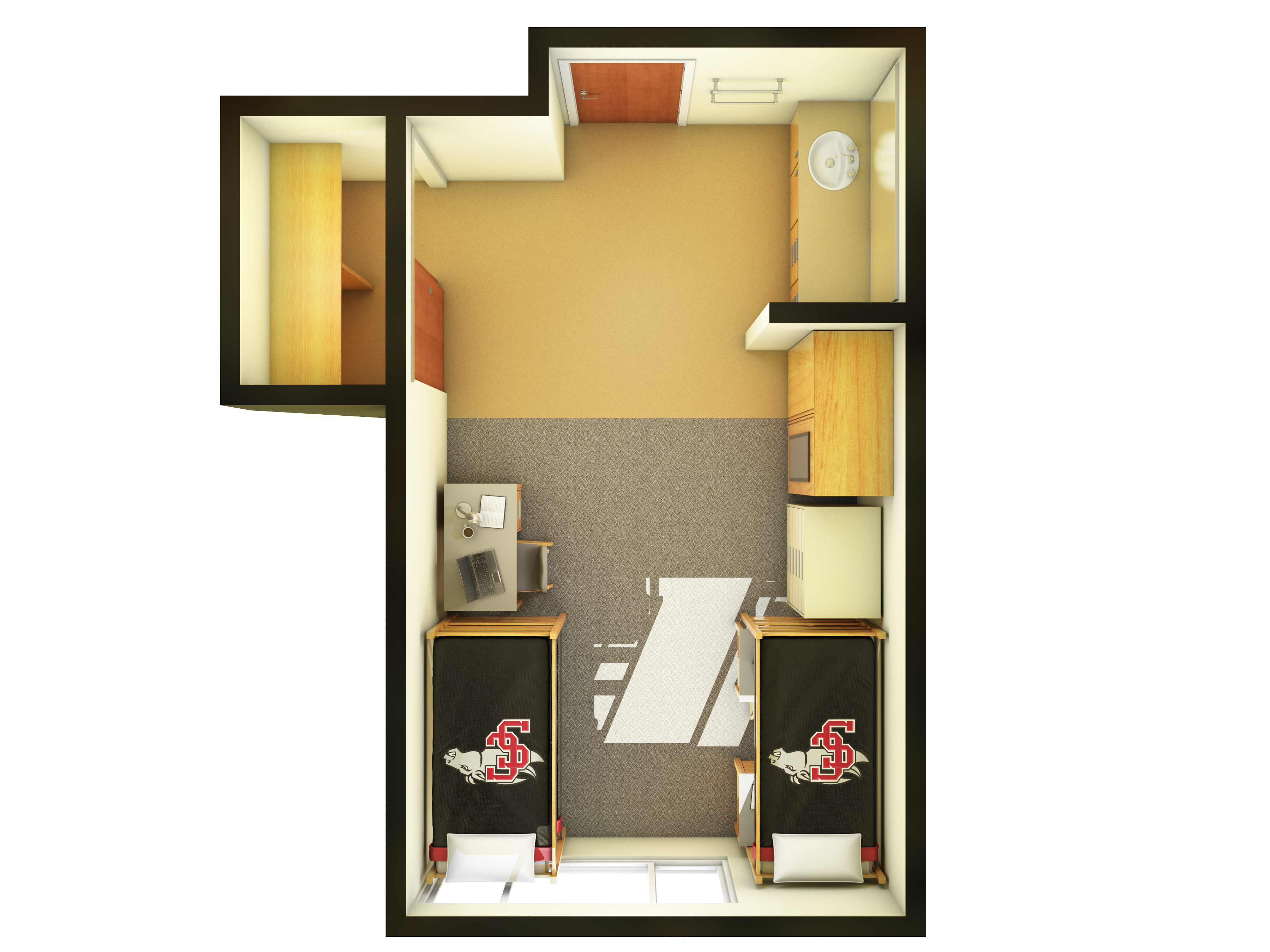 Floor plan of Dunne Halls extended triple dorm room with three beds.
