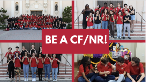 Groups of people in red shirts with text 
