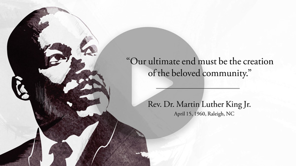 Illustration of Martin Luther King Jr. with video play button and text about his dream speech.