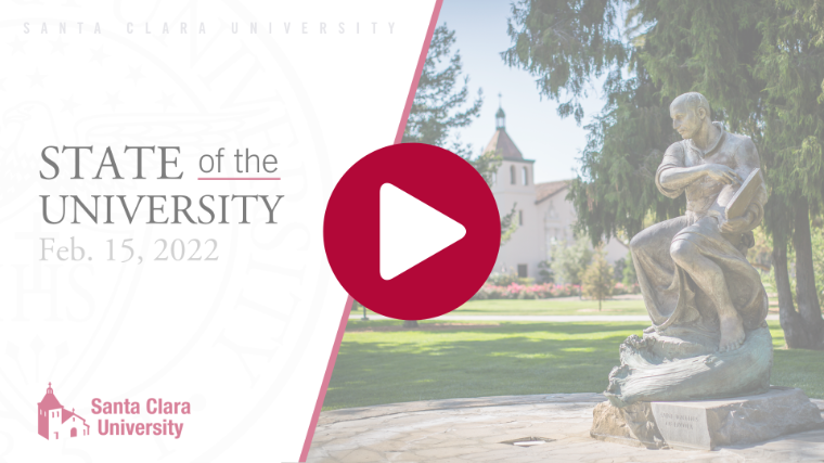 Campus image with Play Button, to accompany State of the University video