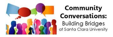 Silhouettes with speech bubbles and text: "Community Conversations: Building Bridges to Serve Our Clients' Priorities."