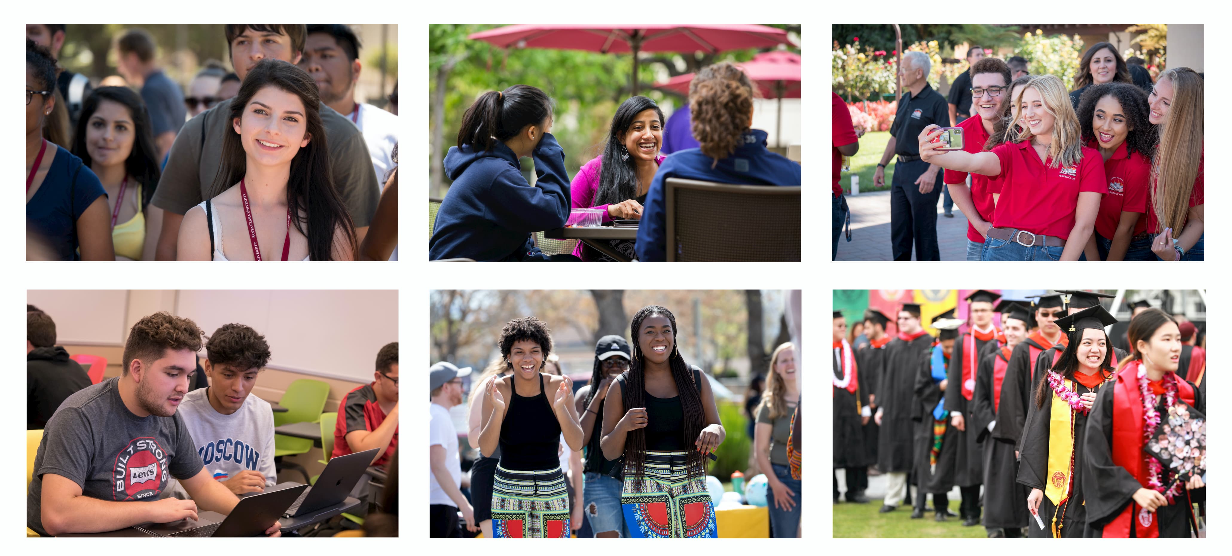 Collage of images depicting the life of a SCU student from orientation to graduation.