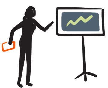 Doodle of student presenting in front of a computer screen displaying a chart.