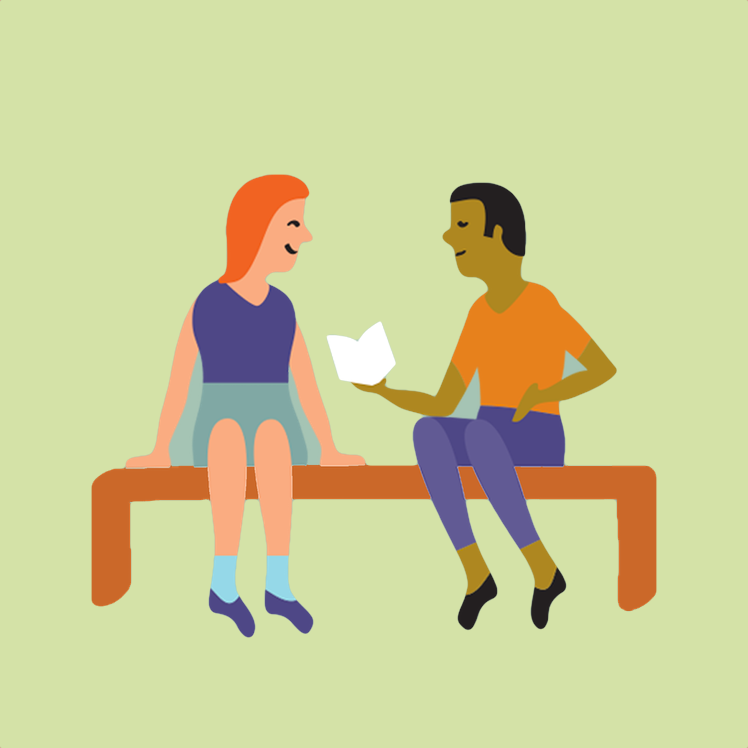 Illustration of two students sitting on a bench with a book.