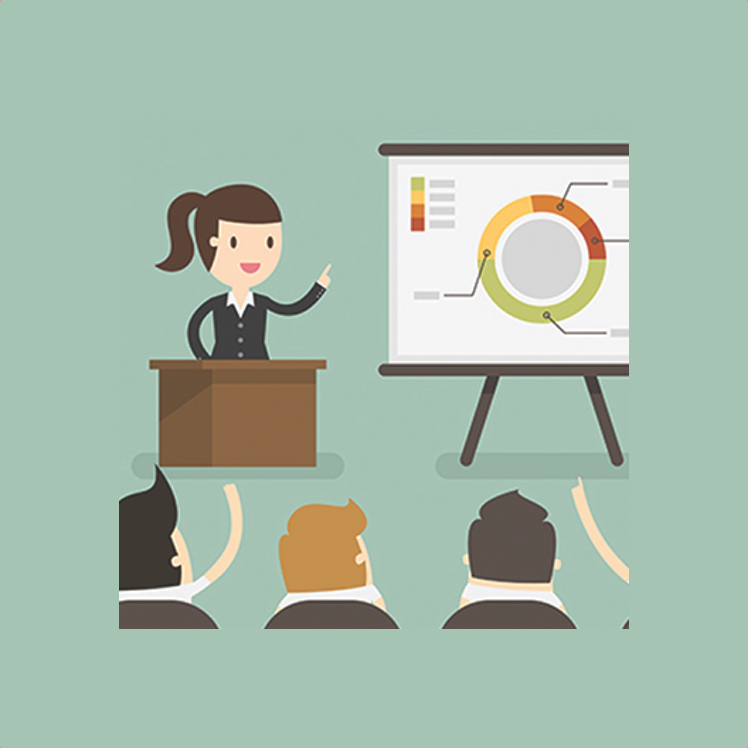 Illustration of a female giving a presentation to her peers.
