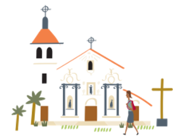 A doodle of the mission church and a student walking in front.