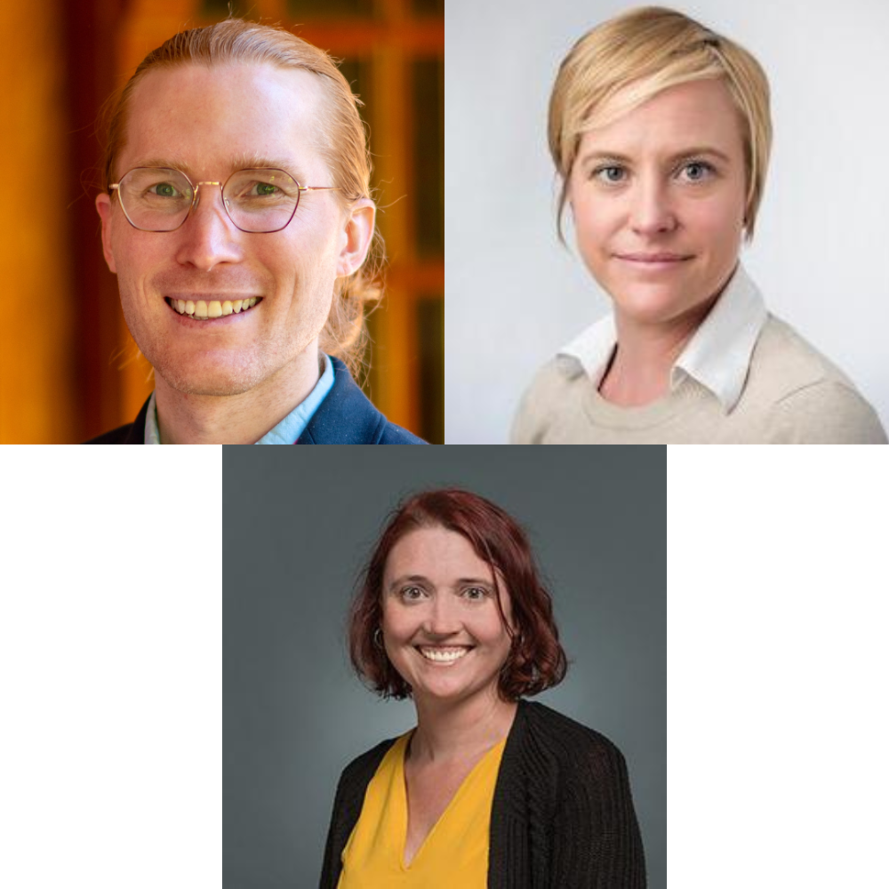 three headshots, clockwise a white man with a ponytail, a white woman with short blonde hair, and a white woman with brown hair
