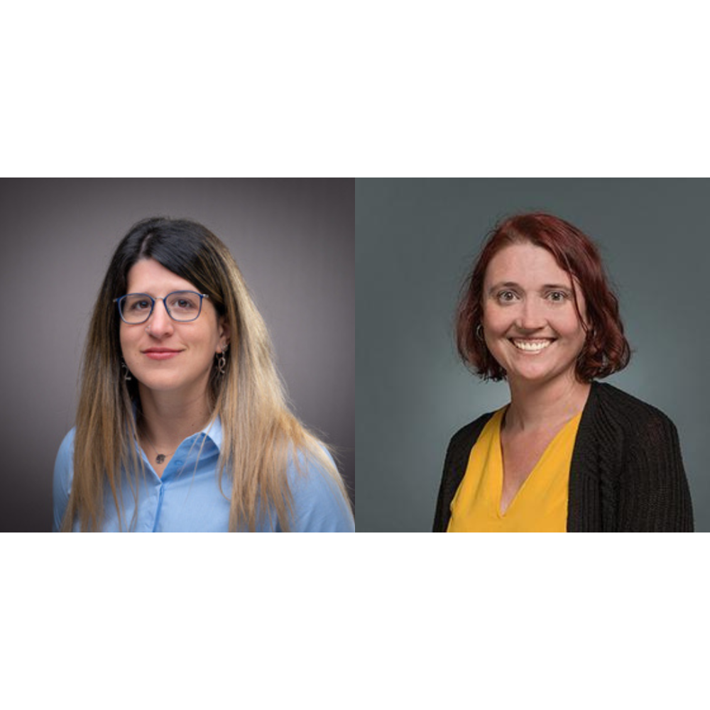 two headshots, one of a woman with long light brown hair and one of a woman with short brown hair