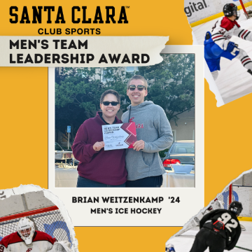 Yellow background with SCU Club Sports teams' photo crops at the corner, and award winner's picture in the center. The text reads 