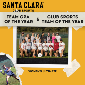 Yellow background with SCU Club Sports teams' photo crops at the corner, and award winner's picture in the center. The text reads 