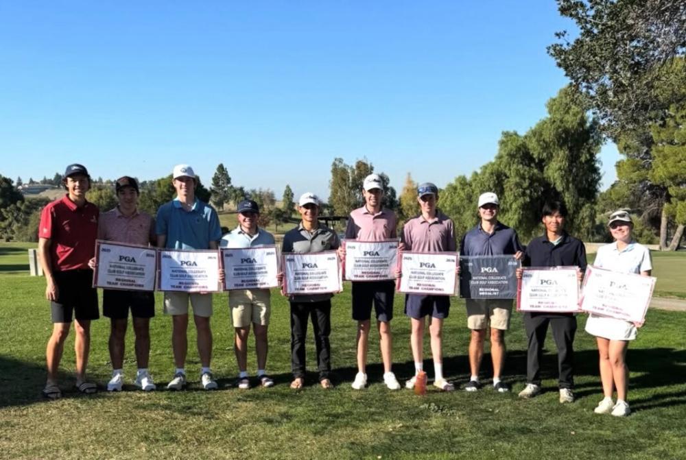 Eight Club Golf members each holding their own regional championship banners