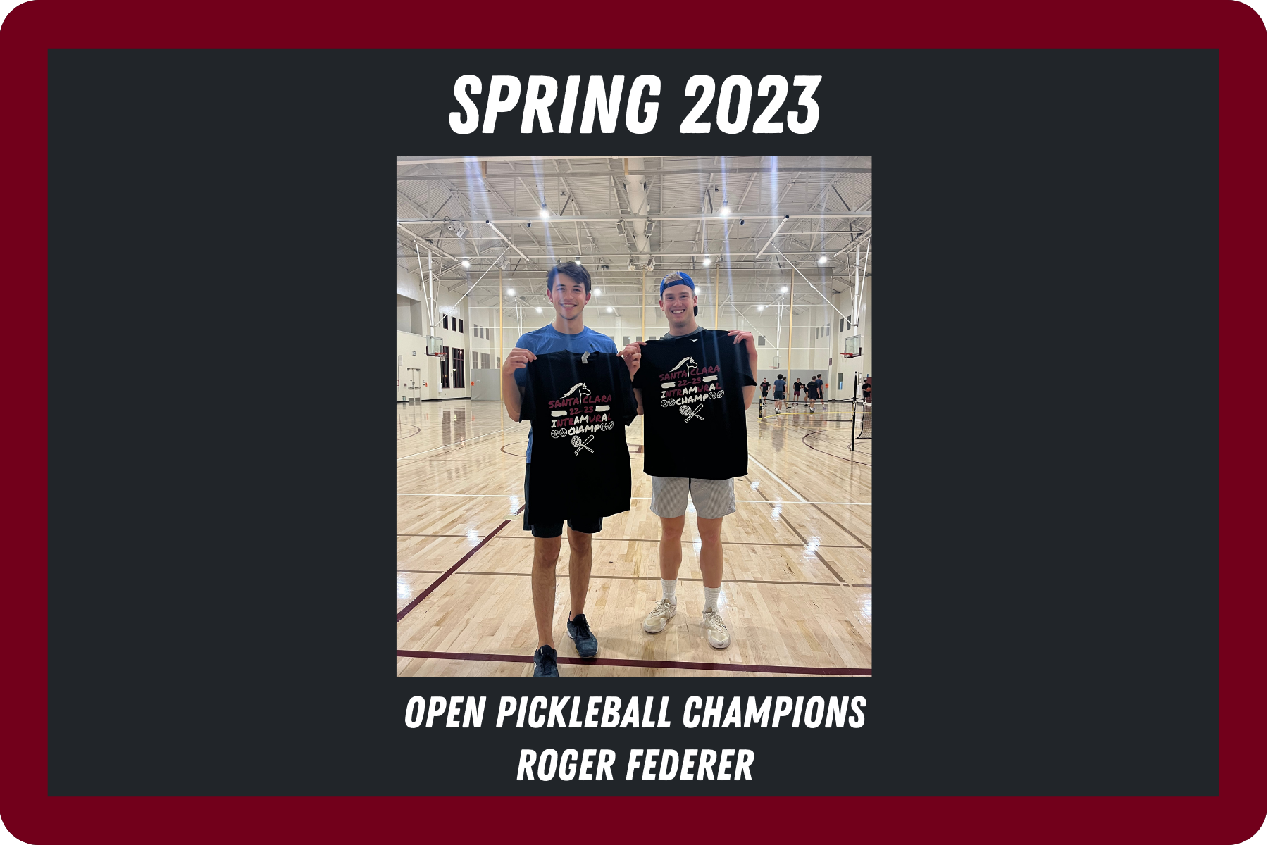 Two students pose with their Intramural champion tshirts after their winning pickleball game